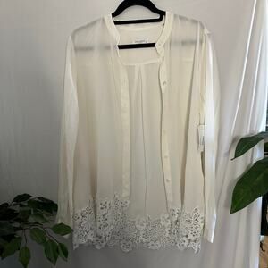 Equipment Femme Floral Embroidered Hem Button Down Blouse White Size Large NWT